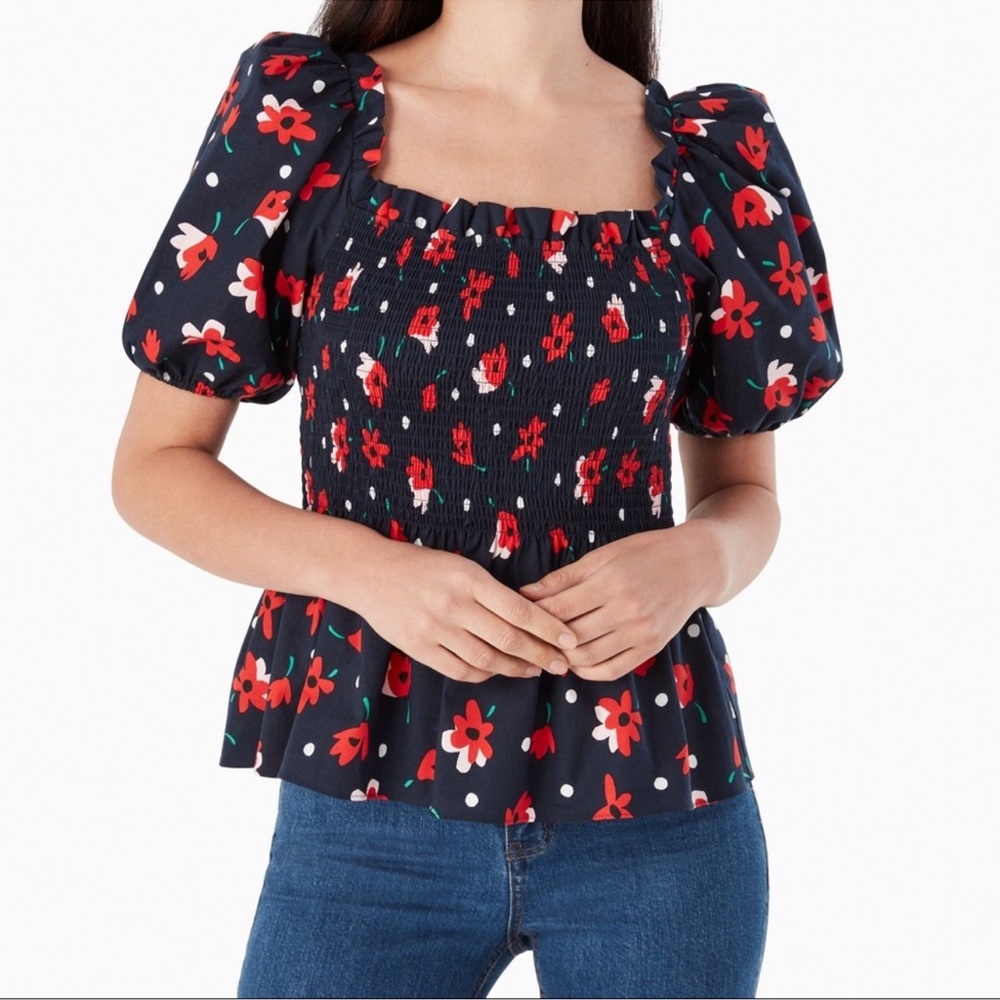 Kate Spade Peplum Blouse Navy with red flowers